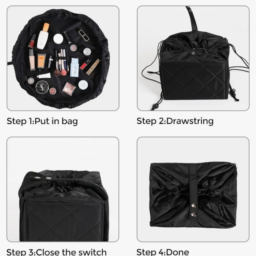 Drawstring Makeup Bag, Large Capacity, Portable Open Lay Flat Bag